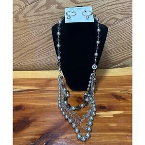 Lia Sophia Faux Pearl Necklace & Earrings Set NEW Silver Tone Layered Statement